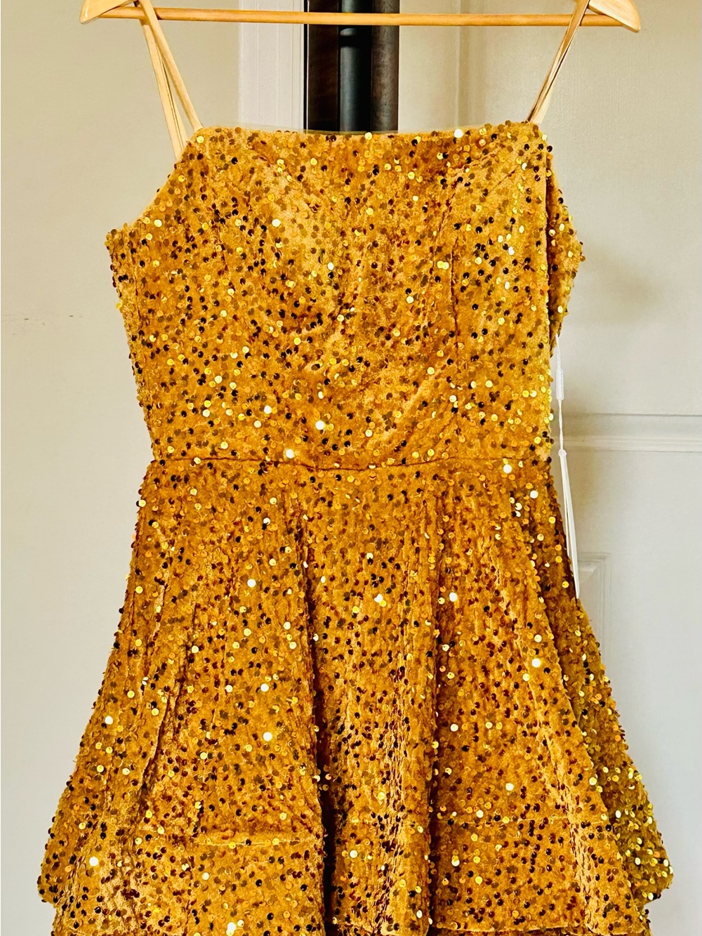 Gold Sequin Spaghetti-Strap Tiered Prom Dress